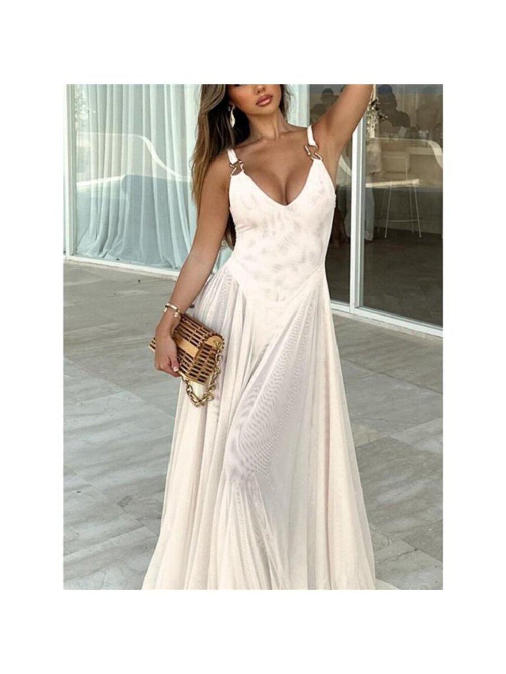 Sleeveless Sheer Maxi Dress with Gold Hardware Detail - Picture 3 of 12